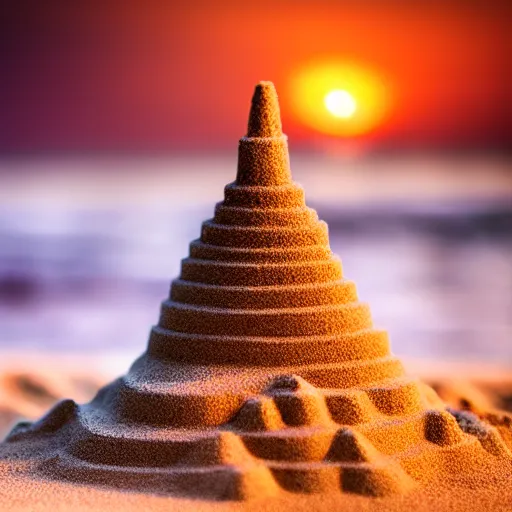Image similar to gigantic sandcastle contains human crowd, tiltshift, coronation of the sand queen, sunset