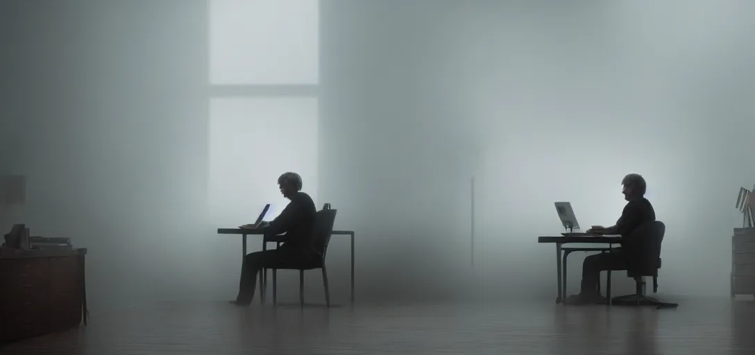 Image similar to an isolated man sitting at his computer in his bedroom, foggy, cinematic shot, photo still from movie by denis villeneuve, wayne barlowe