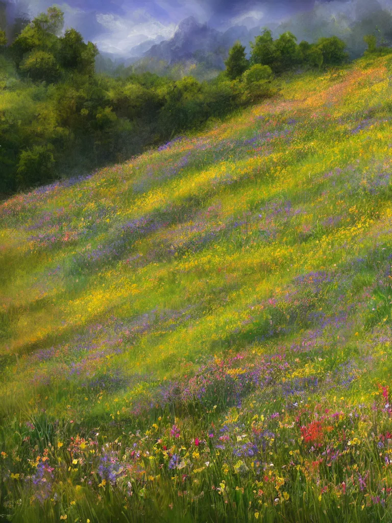 Prompt: wildflowers on the hillside by disney concept artists, blunt borders, rule of thirds, golden ratio, godly light