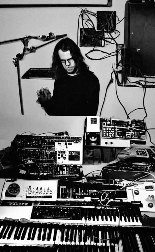 Prompt: portrait of extremely frustrated male electronic serialist compser with long brown hair in front of his broken synthesizer, all ruined, expressionist photo, masculine, brutal