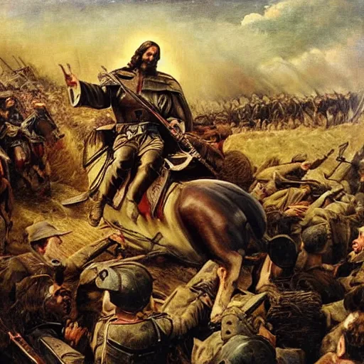 Image similar to Jesus riding a war hog into the battle of the somme as he guides wounded soldiers to safety, oil painting, epic, beautiful