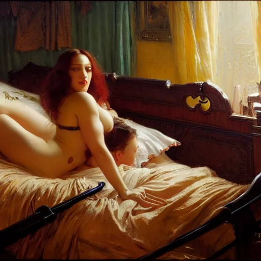 Image similar to vin diesel is in his bed, nervous and terrified, because kat dennings from hell is attacking him. highly detailed painting by gaston bussiere, j. c. leyendecker, greg rutkowski, craig mullins 8 k