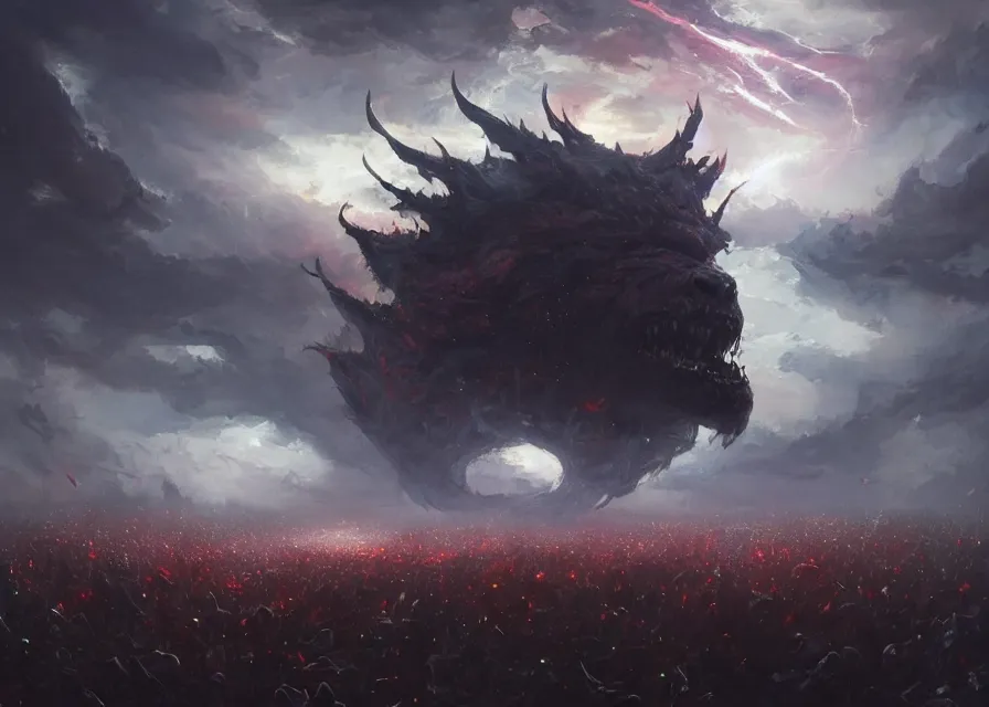 Image similar to large abstract painting of giant grinning evil dynamic Joe Biden head emerging from cosmic clouds at giant immense crowd of person army, trending on ArtStation, masterpiece, by Greg Rutkowski, by Ross Tran, by Fenghua Zhong, octane, lightbeam eyes, oil on canvas, moody lighting, lights beaming out of eyes, cinematic, professional environment concept art