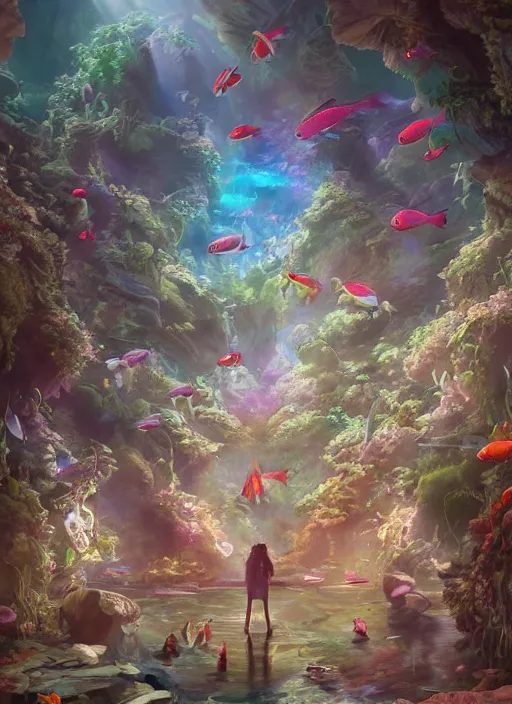 Prompt: people observing lots of beautiful fish in an underground aquarium corridor, in the style of artgerm, fantasy art, ray tracing, water droplets, highly detailed, artstation trend, highly detailed and intricate, sharp focus, photography, unreal engine 5