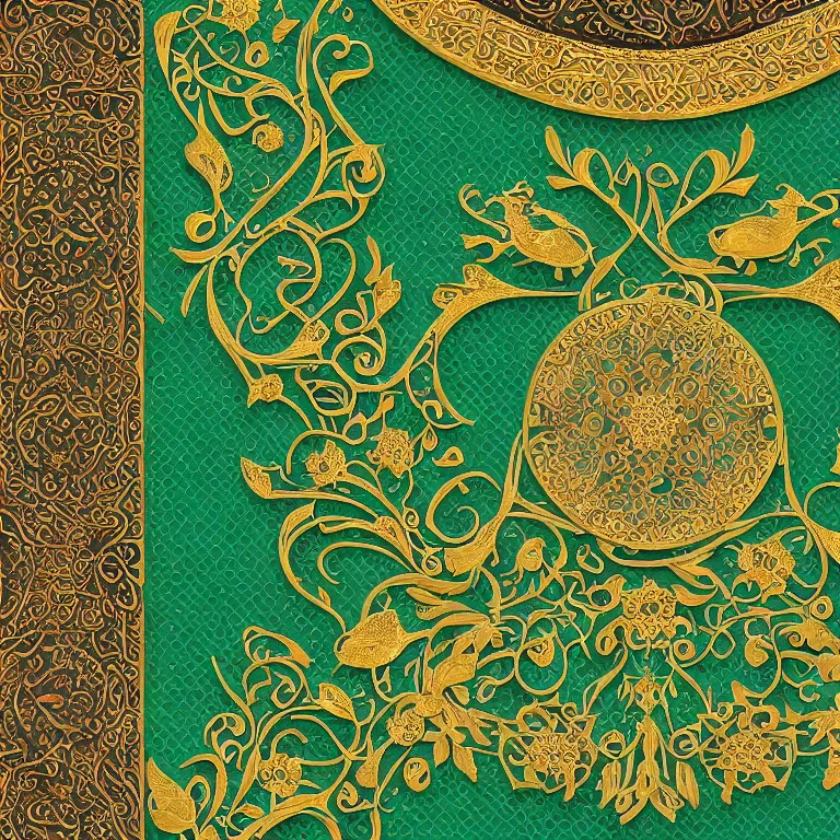 Prompt: arabic ornament with mystic birds and flowers, highly detailed, photorealistic, octan render, 3 d, green and gold,