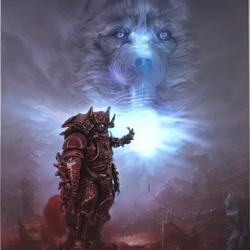 Prompt: warhammer 4 0 k god emperor armor, anthropomorphic shiba inu face visible, stuning 3 d render, masterpiece, glowing black aura, foggy dark, by donato giancola and greg rutkowski and wayne barlow and zdzisław beksinski, realistic face