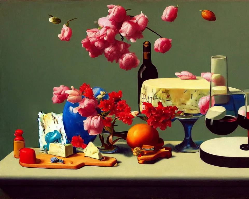 Prompt: an achingly beautiful still life featuring blooming flowers, cheeses, red wine, and toy cars by Raphael, Hopper, and Rene Magritte. detailed, romantic, studio lighting, enchanting, trending on artstation.