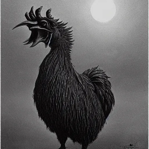 Image similar to big black rooster as a giant monster, creepy!!!, sharp teeth, gory, zdzisław beksinski, keith thompson, terrifying!!!