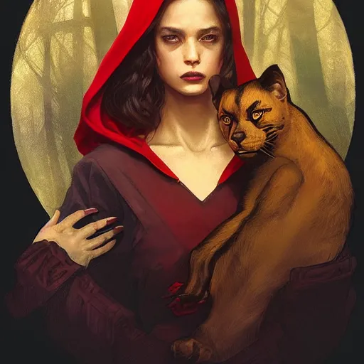 Image similar to Beautiful face Portrait of Little Red Riding Hood with a golden black panther, magic lighting, intricate, wild, highly detailed, digital painting, artstation, concept art, smooth, sharp focus, illustration, art by artgerm and greg rutkowski and alphonse mucha, footage from space camera