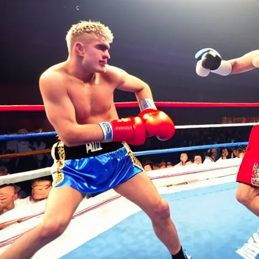 Image similar to jake paul vs mohammed ali, brutal boxing match, sports photography, sweat flying, hd high detail, professional photo