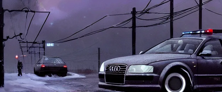 Image similar to Audi A4 B6 Avant (2002) chased by FBI, a gritty neo-noir, dramatic lighting, cinematic, establishing shot, extremely high detail, photorealistic, cinematic lighting, artstation, by simon stalenhag, Max Payne (PC) (2001) winter new york at night, eldritch horror