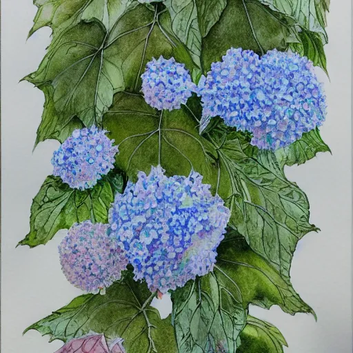 Prompt: delicate marble in a garden, stony, puffy, botanical herbarium paper, botanic, watercolor colored painting, pencil, iridescent colors, 8 k, realistic shaded, fine details, artstation, italian, colonnade, hydrangea, vines, gardena architecture, pompeii