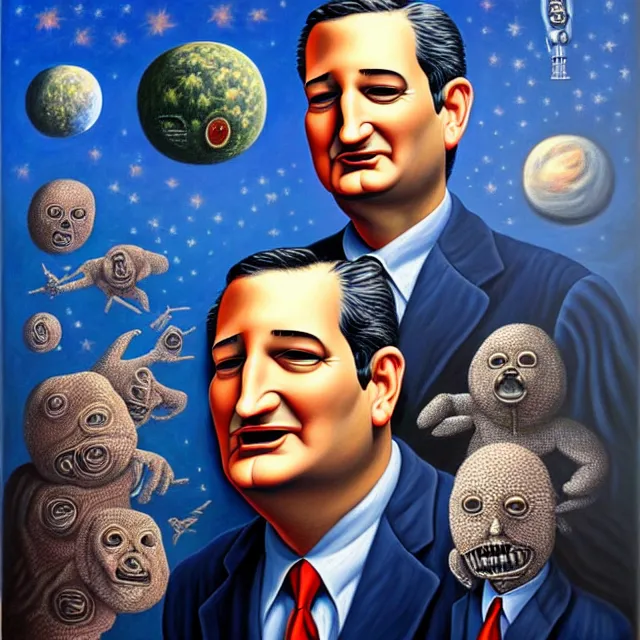 Image similar to an oil on canvas portrait painting of ted cruz, surrealism, surrealist, cosmic horror, rob gonsalves, high detail