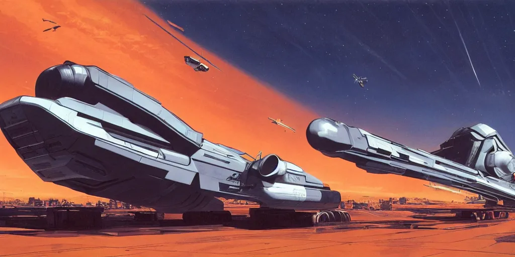 Image similar to concept art, transport spacecraft, exterior, Syd Mead, very wide view, atmospheric, epic composition