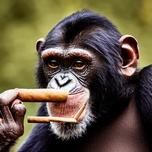 Image similar to a high detail closeup shot of a chimp wearing a suit, smoking a cigar