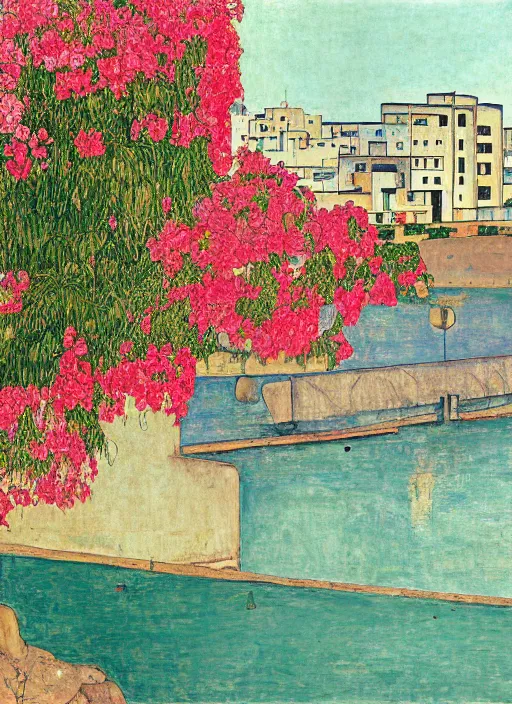 Image similar to ahwaz city in iran with a big modern arch bridge on local river, 3 boat in river, 2 number house near a lot of palm trees and bougainvillea, hot with shining sun, painting by egon schiele