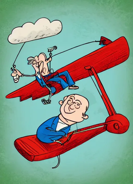 Prompt: an old man on a swing with a plane on top of him, a cartoon by rube goldberg, trending on shutterstock, neoism, poster art, isometric, 2 d