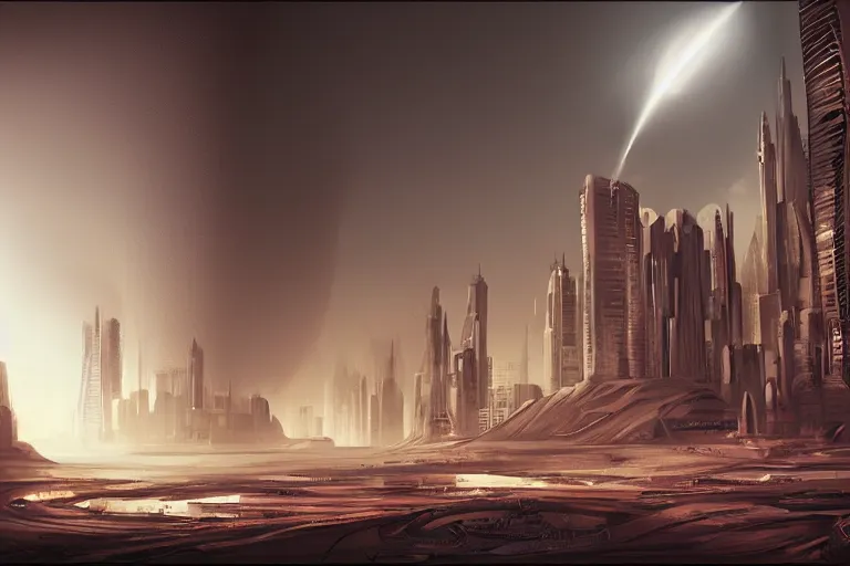 Prompt: cityscape of a city on Mars, futuristic, cinematic lighting, concept art