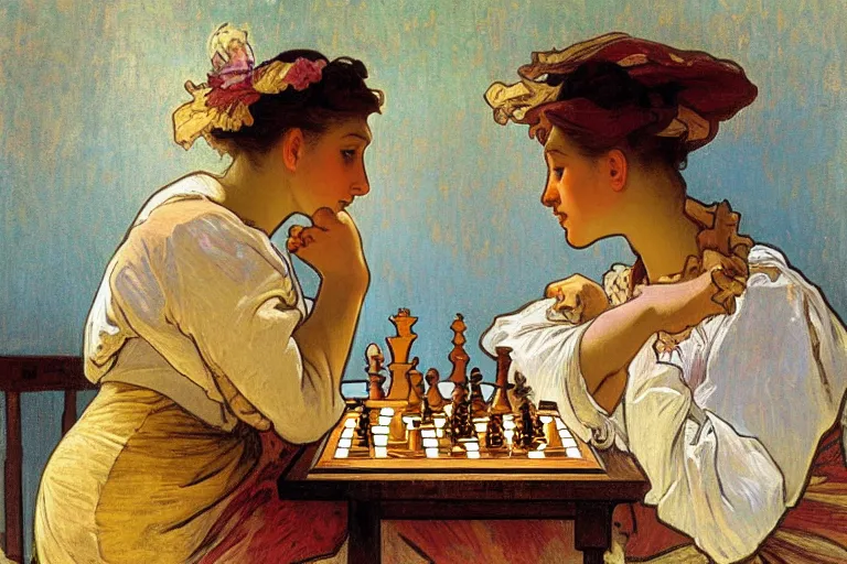 highly-detailed close-up of two women playing chess in, Stable Diffusion