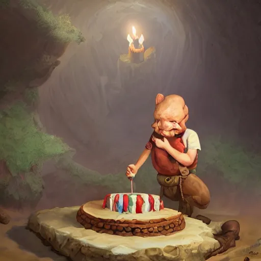 Prompt: an adventurer finding a big delicious cake in a dark mysterious cave, digital art, highly-detailed, artstation cgsociety masterpiece