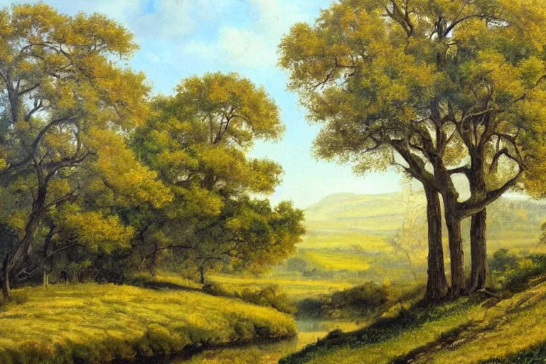 Image similar to masterpiece painting of oak trees on a hillside overlooking a creek, by harold elliott