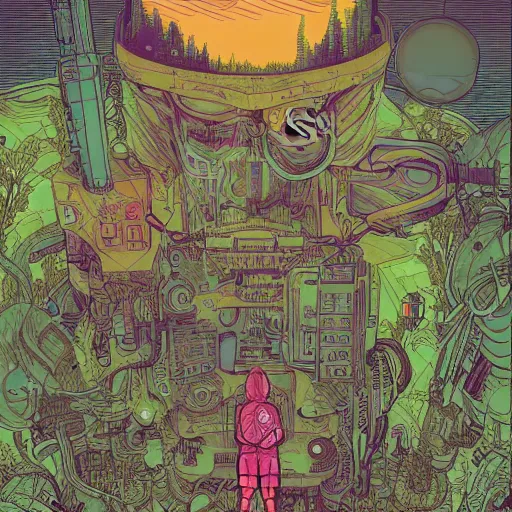 Image similar to Stunningly intricate illustration of single cyberpunk explorer overlooking lush forest, highly detailed, midnight, small glowing orbs by Josan Gonzalez and James Gilleard , Moebius, Laurie Greasley