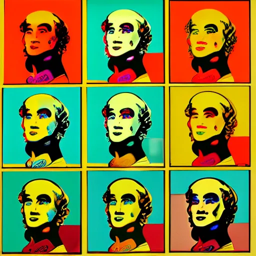 Image similar to old - style cyborg, 6 panels by andy warhol, with highly contrasted colors and an illuminating background