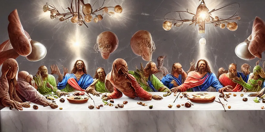 Image similar to !13 diverse aliens enjoying a rich salad around a marble table, !positioned as !last_supper cinematic lighting, crystal, liquid, surreal, floating, highly detalied, 4k, artstation, by Wayne Barlowe