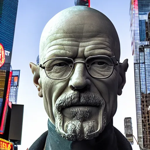 Image similar to a photograph of a very detailed renaissance sculpture of walter white wearing a phrygian cap in times square, made by michelangelo, from the distance, hyper detailed, sharp focus, 8 k resolution, ray tracing