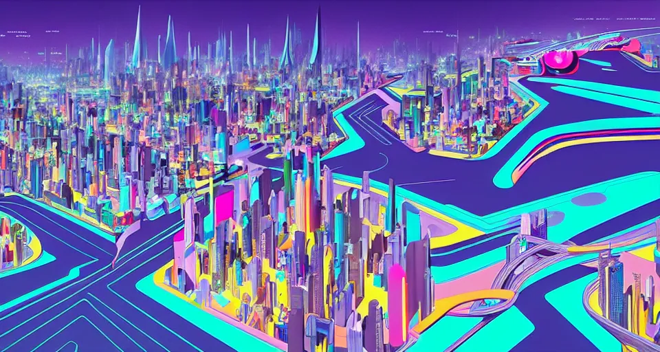 Prompt: a layout of amazing brightly colored sci - fi city designed by zaha hadid, cinematic lighting, detailed, beautiful colors, by greg rutowski and studio ghibli