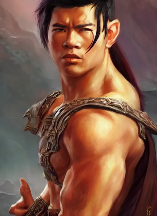 Image similar to muscly asian man with medium black parted hair, dndbeyond, bright, colourful, realistic, dnd character portrait, full body, pathfinder, pinterest, art by ralph horsley, dnd, rpg, lotr game design fanart by concept art, behance hd, artstation, deviantart, hdr render in unreal engine 5