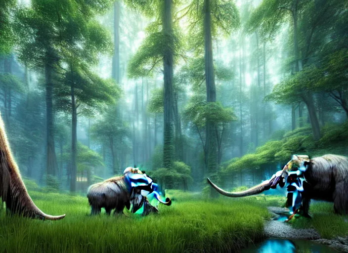 Prompt: hyperrealism, detailed textures, photorealistic 3 d render, a surreal mystical forest with a bright winding blue creek, wooly mammoths grazing, sharp focus, ultra realistic, ultra high pixel detail, cinematic, intricate, cinematic light, concept art, illustration, art station, unreal engine 8 k