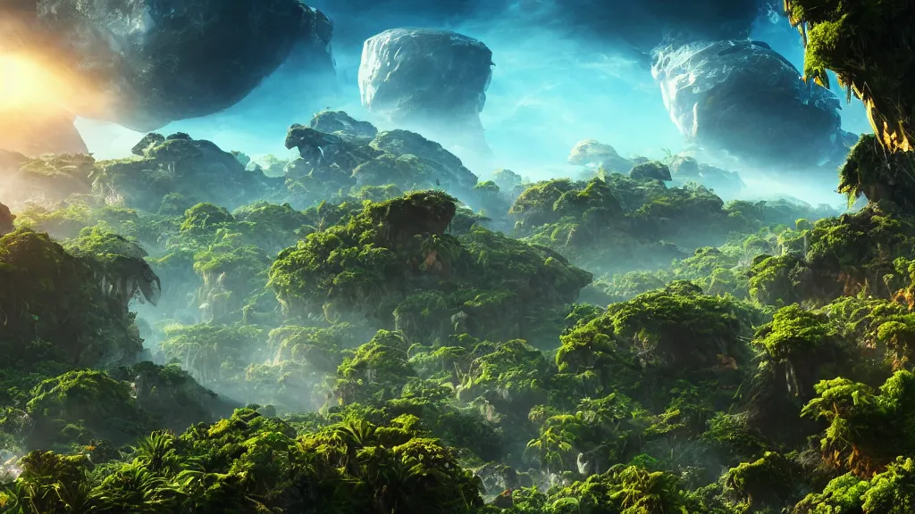 Image similar to a landscape of an alien planet, sunny day, environment, cinematic composition, cinematic lighting, photo realistic, ultra detailed, magnificent, 4 k, 8 k, foundation, jungle, ocean