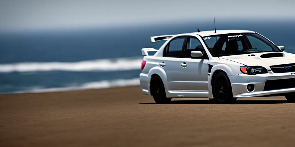 Image similar to photograph, 2007!! Subaru WRX STi, cinematic, california coast, ocean view, 8k, depth of field, bokeh.