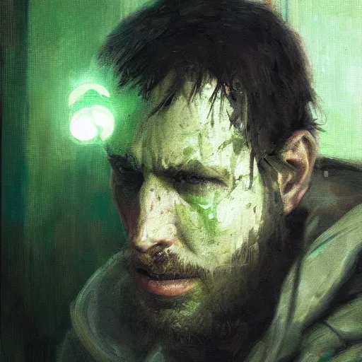 Image similar to portrait of a lost chad programmer with green hood by jeremy mann, dramatic lighting, close up