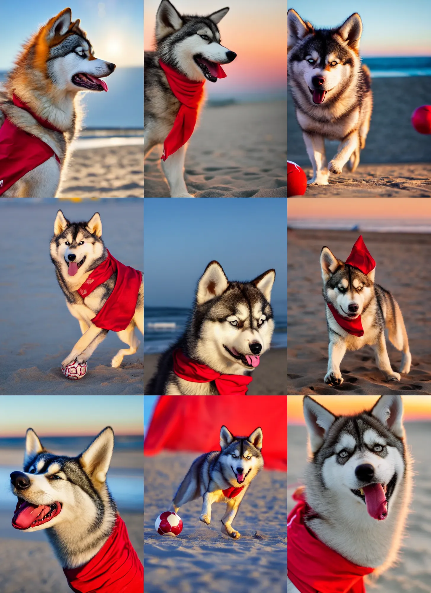 Prompt: close-up photo of a playful caramel husky wearing a red bandana playing soccer at the beach, golden hour, Breathtaking, 8k resolution, extremely detailed, beautiful, establishing shot, artistic