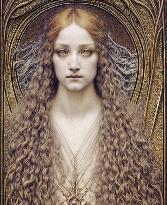 Image similar to detailed realistic beautiful young medieval queen face portrait by jean delville, gustave dore and marco mazzoni, art nouveau, symbolist, visionary, gothic, pre - raphaelite. horizontal symmetry