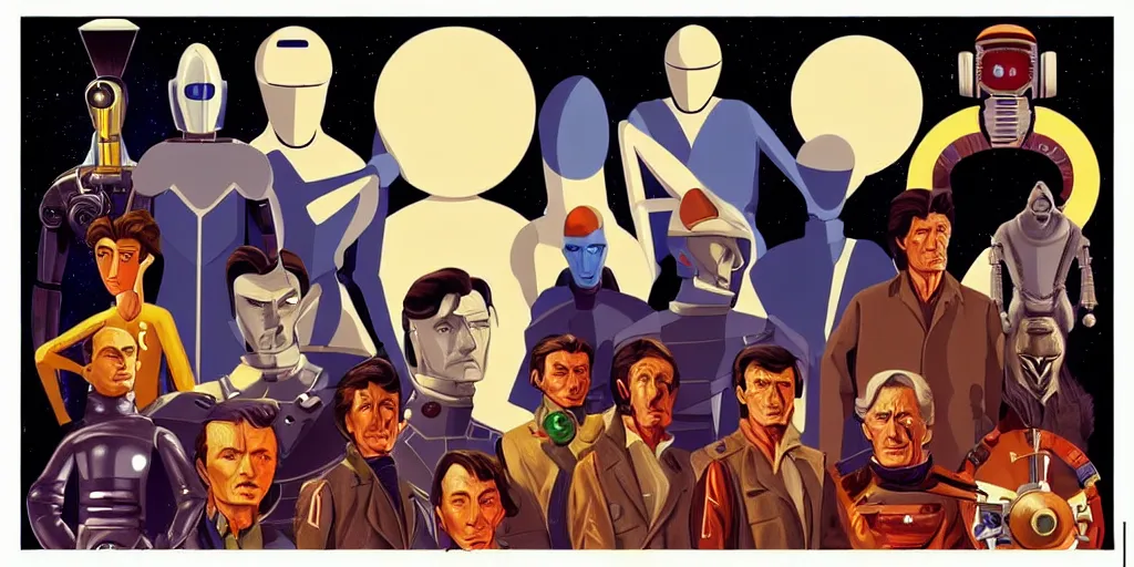 Image similar to traditional drawn colorful animation a symmetrical portrait of lonely single Alain Delon Stallone Clint Eastwood alone pilot in posing in spaceship station planet captain bridge outer worlds robots extraterrestrial hyper contrast well drawn Metal Hurlant Pilote and Pif in Jean Henri Gaston Giraud animation film The Masters of Time FANTASTIC PLANET La planète sauvage animation by René Laloux