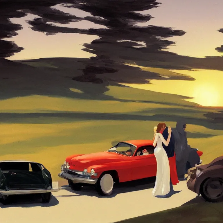 Image similar to a storybook illustration of a couple in car driving into the sunset scene painted by Edward Hopper masterpiece, intricate, elegant, fantasy, highly detailed, digital painting, concept art, sharp focus, artstation