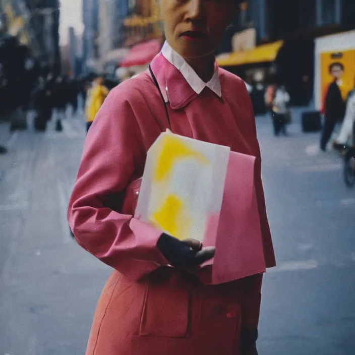 Prompt: medium format film close up portrait of a walking colourful woman in new york by street photographer, 1 9 6 0 s hasselblad film photography, featured on unsplash, soft light photographed on colour vintage film