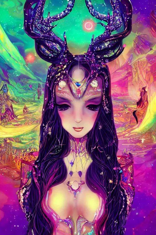 Prompt: acid trip, hall of mirrors, intricate, highly detailed, anime, 4k, a beautiful seductive deer woman holding a crystal containing the universe, with professional makeup, long trippy hair, surrounded by gems, underneath the stars, trending on patreon, deviantart, twitter, artstation, volumetric lighting, heavy contrast, by artgerm and Ilya Kuvshinov and alphonse mucha