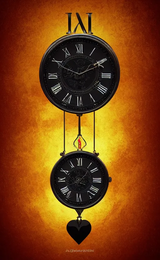 Image similar to a melting Roman numeral clock, behind a red and black gradient background, awith a black heart shaped on the top left corner and a black diamond card shape in the bottom right corner, dynamic lighting, photorealistic fantasy concept art, trending on art station, stunning visuals, cinematic, creative, ultra detailed