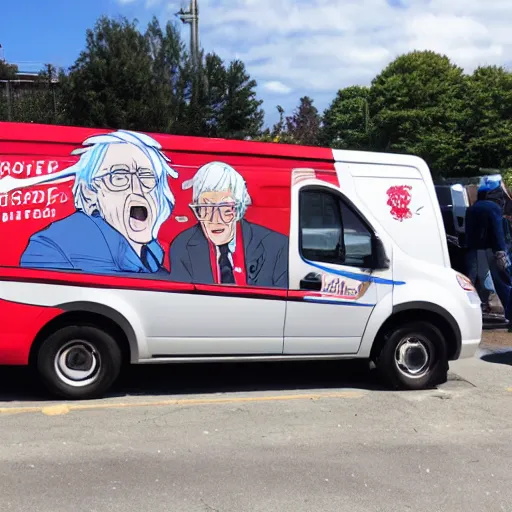 Prompt: side shot, van, Bernie sanders, anime car wrap