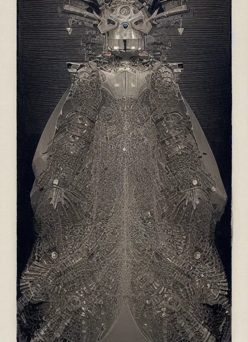 Prompt: 2 d illustration, grained risograph, old wetplate daguerreotype portrait of a futuristic silver armored geisha district 9 cyborg, parallax, fractal, intricate, elegant, highly detailed, subsurface scattering, by jheronimus bosch and moebius louis jacques mande daguerre and szukalski