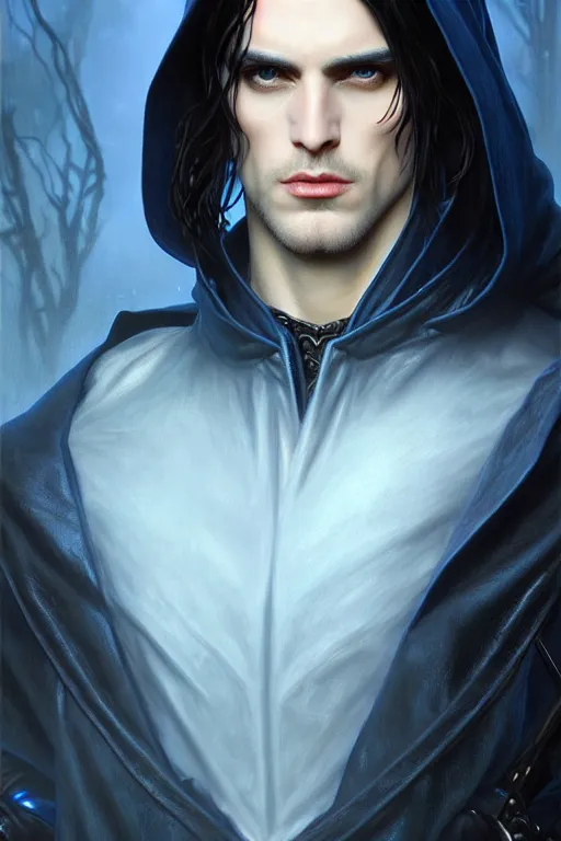 Prompt: handsome male fighting a giant, long black hair blue eyes wearing cloth mantle gothic navy cloak with leather details, bone plants, fantasy character portrait, ultrarealistic, intricate details, elegant, cinematic lighting, highly detailed, artstation, cgsociety, sharp focus, beautiful digital painting by artgerm, gerald brom, wlop, alphonse mucha