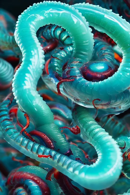 Prompt: high quality macro mecha gelatinous worms! gorgeous highly detailed hannah yata elson peter cinematic turquoise lighting high quality low angle hd 8k sharp shallow depth of field