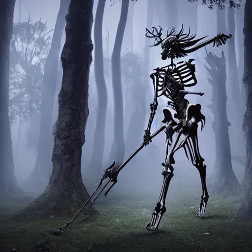 Prompt: a skeletal centaur in a magical forest, nekro style. Very detailed 8k