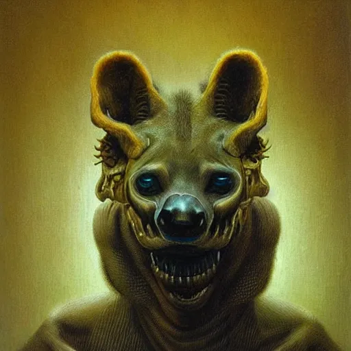 Image similar to horrific grotesque hyena and calculator hybrid, beksinski style painting, highly detailed