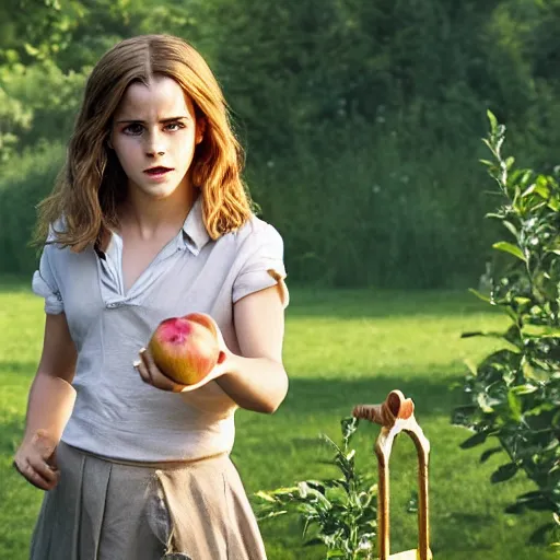 Prompt: Still of Emma Watson as Hermione Granger pinching apples from the neighbors garden. Prisoner of Azkaban. During golden hour. Extremely detailed. Beautiful. 4K. Award winning.