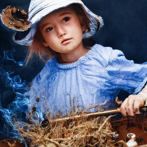 Prompt: candid photo of little girl burning in hell wearing a blue and white fishing hat by Annie Leibowitz, Photorealistic, extremely detailed, UHD, correct faces, hyperrealistic